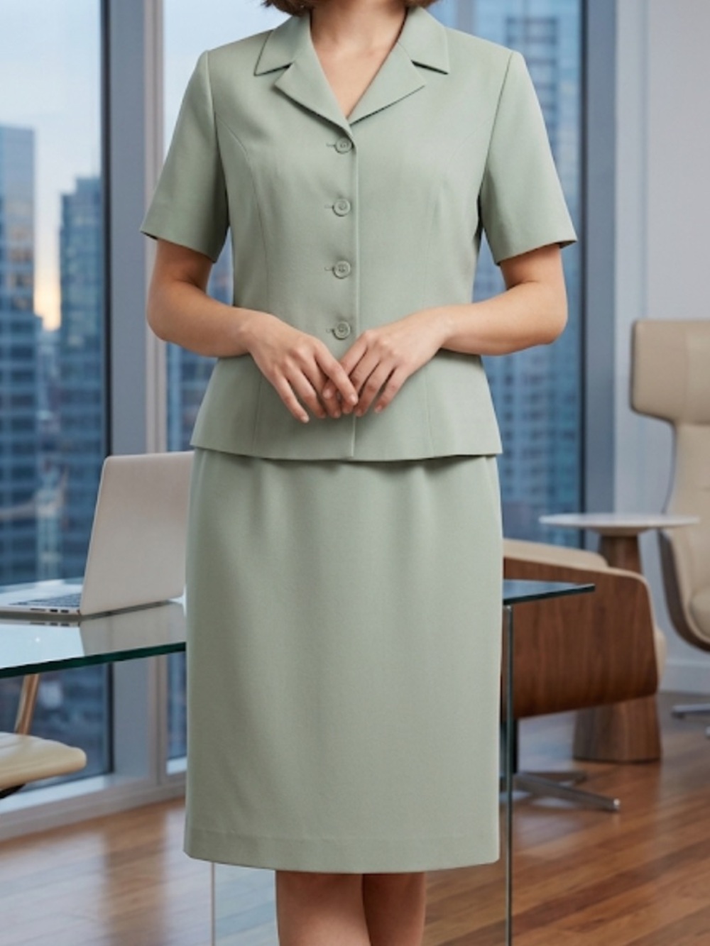 Le Suit Sage Green Skirt Suit Set Sz  16 P Y2K Professional